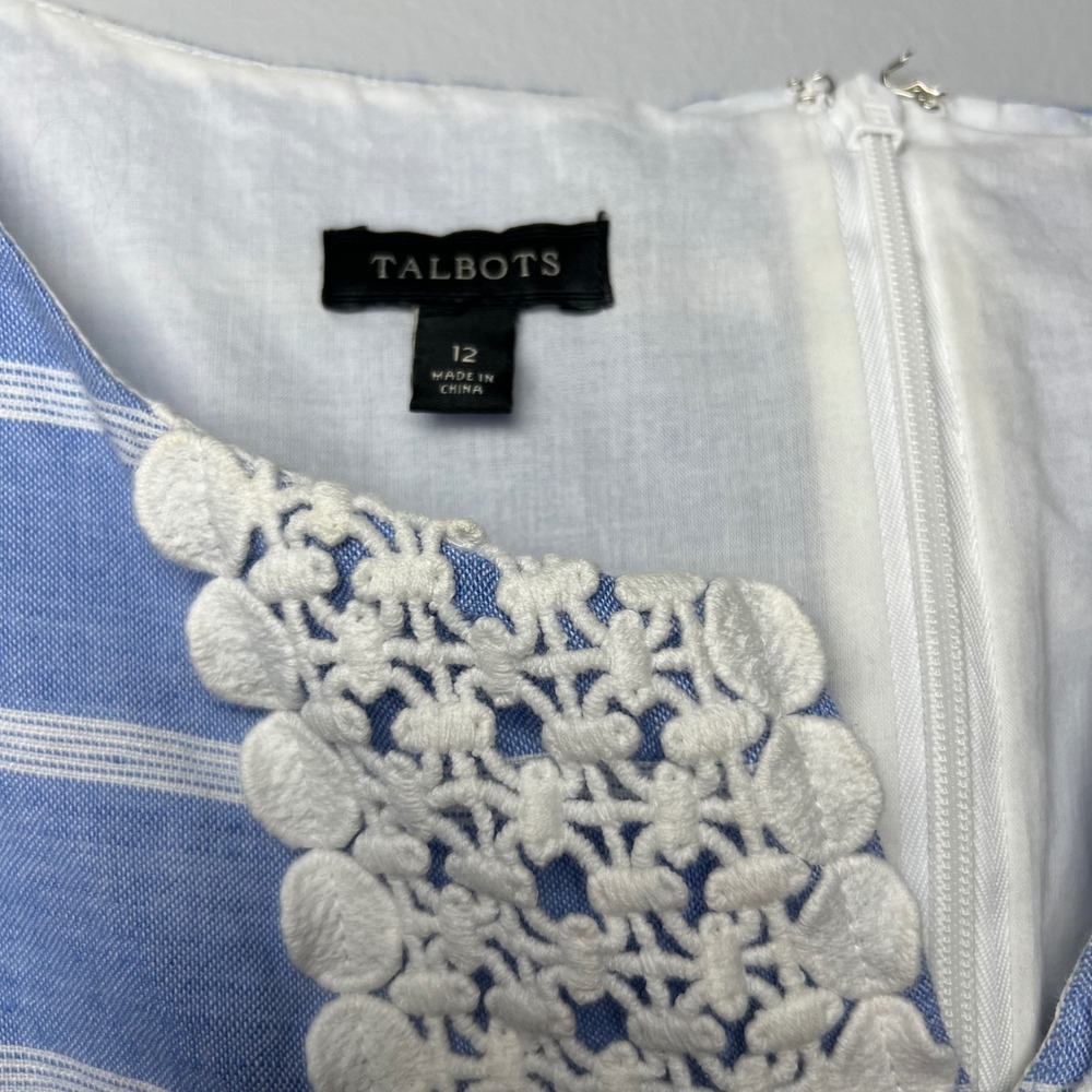 Talbots Womens Blue White Striped Linen Cotton Shift Dress Crochet Lace Trim 12 - Picture 6 of 7